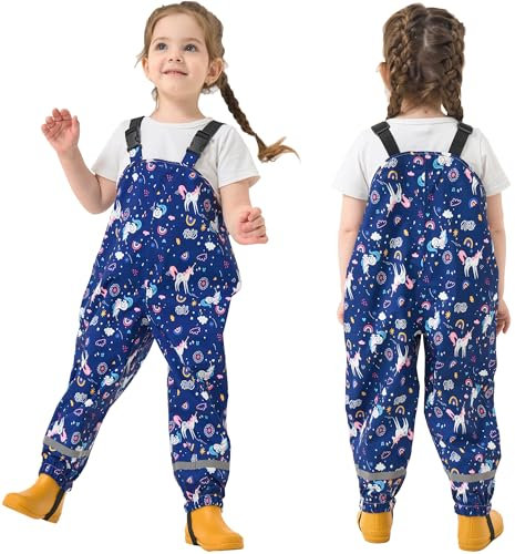 Fewlby Pantaloni Impermeabili Bambina, Salopette Impermeabile Pantaloni Pioggia Leggero Salopette Antipioggia Ragazze Tuta Impermeabile, 3-4 Anni