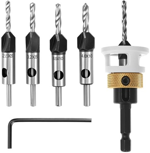 QWORK® Juego de brocas de 6 piezas con tope de profundidad, Ø2,8/3,2/3,5/4 mm x 8 mm, broca para madera HSS-M2 para agujeros avellanados precisos, vástago hexagonal de 1/4