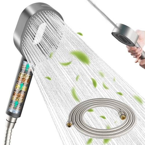Hibbent Handheld Shower Head Set with 20 Stage Water Filter, 3 Spray Jet Modes High Pressure Shower Head and 1.5m Hose, Handheld Massage Shower Filter for Residual Chlorine Remove,Grey Panel