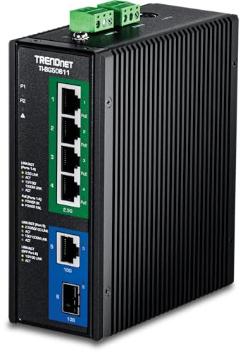 TRENDnet, TI-BG50611, 6-Port industrieller 2,5G PoE++ DIN-Rail-Switch mit 10G-Ports, Multi-Gigabit, 4 x 2,5G PoE++-Ports, 1 x 10G RJ-45-Port, 1 x 10G SFP+-Port