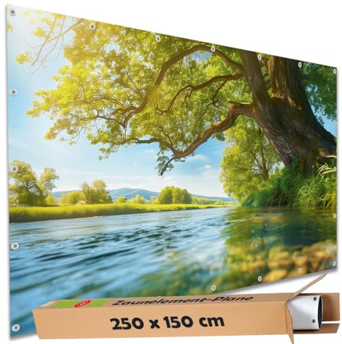 TRIOSK Sichtschutz Garten Deko Zaun Plane blickdicht groß mit Zaunblende Motiv Uferbaum Fluss Wasser Baum Sonne für Balkon Terrasse Zaunelement Doppelstabmatten Gartenzaun PVC 250x150 cm