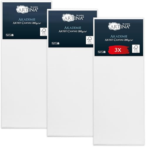 Keilrahmen Leinwand zum Bemalen 30x80 cm – Artina FSC® 3er Set bespannte Keilrahmen Leinwände zum malen für Acrylfarben Canvas 100% Baumwolle – Acryl Leinwand Rahmen