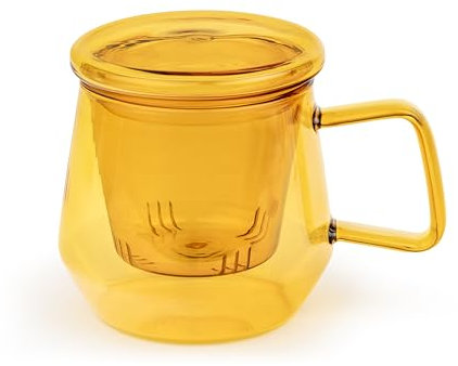 Bredemeijer Teeglas 350 ml mit Glas-Teefilter & Glasdeckel - einwandige transparent-gelbe Tea for One Glas-Teetasse für 1 Tasse losen Tee