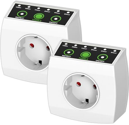 HBN 2er Countdown Timer Steckdose, Zeitschaltuhr mit Countdown in 6 Stufen(15min bis 6h), Energiespar-Steckdose mit Repeat-Funktion & Kindersicherung, 16A/3.680W