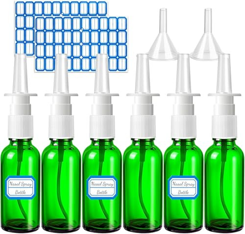 LZMDISU 10 Pcs Nasal Spray Bottles, 30ML/1oz Transparent Glass Refillable Fine Mist Empty Clear Nasal Spray Bottle with 2 Pcs Funnels and 2 Pcs Labels, Green
