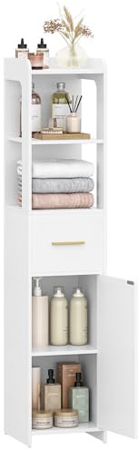 HEXCELEN Meuble de Salle de Bain, Meuble de Rangement, Armoire d’Angle avec une Porte et un Tiroir, Étagères Réglables, Compartiment Ouvert, Pour les Petits Espaces, Moderne, 30 × 30 × 138,6 cm, Blanc