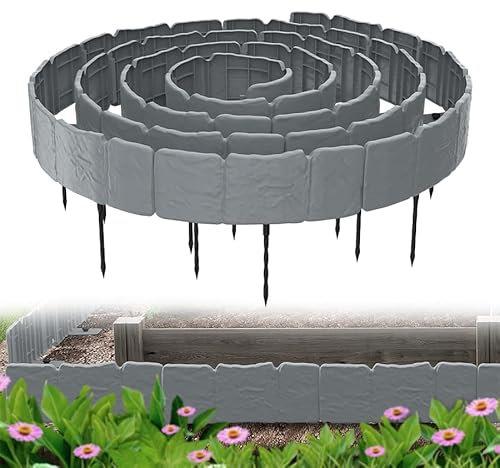 Aufun 10 Stück Rasenkante Beeteinfassung in Steinoptik mit 10 Erdanker, 2.5 m Beetumrandung Mähkante Randsteine aus Kunststoff, Gartenpalisade Gartenzaun für Garten Border Blumenbeet, Grau