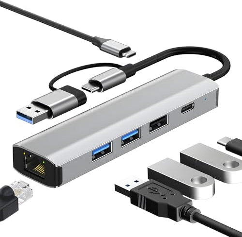 Anluomafuy Hub USB C a Ethernet 5 en 2, Adaptador USB-C USB 3.0 a Gigabit Ethernet, Hub USB 3.0 de 3 Puertos con RJ45, Multipuerto Compatible para Windows XP, MacBook, Linux, Chromebook
