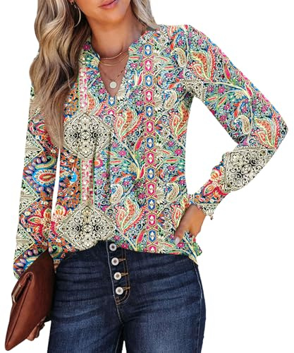 Rapbin Camicetta da donna con scollo a V, maniche lunghe, plissettata, polsini con volant, maglietta casual elegante, Stampa etnica, XXL