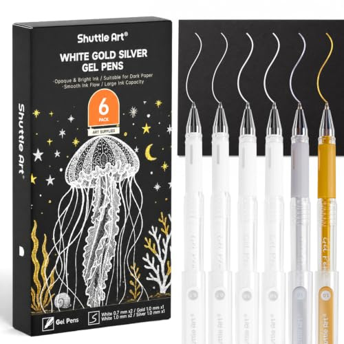 Shuttle Art Gelstifte Weiß, mit Gold & Silber, 6 Stück Gelstifte Set | 0,7mm & 1,0mm Metallic Stifte für Malbuch für Erwachsene, Weißer Stifte für Schwarzes Papier & Journaling & Scrapbooking