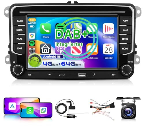4G 64G Podofo 7 Radio para Coche con Bluetooth para VW Golf 5 6 Polo Passat Skoda Touran Tiguan Seat Carplay Android Auto,Tipo C/USB,WiFi,GPS Navi RDS/FM DSP,2 DIN con cámara de visión Trasera AHD