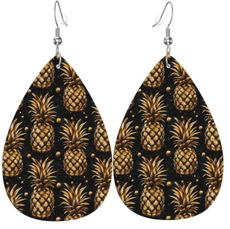 Ohrringe mit tropischem goldenem Ananas-Druck für Damen, modische Tropfenohrringe aus Leder für Damen, trendig, farbenfroh, Tropfen-Ohrring