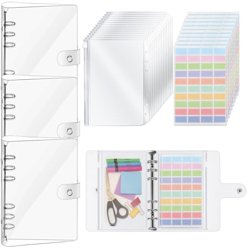 3Pcs Classeur A5 À 6 Anneaux avec 36 Pochette, Souple et Transparent en PVC, Capacité 100 Feuilles, Rechargeables Binder avec étiquettes et Bouton-pression Étanche, pour Organiser L'école, Le Bureau