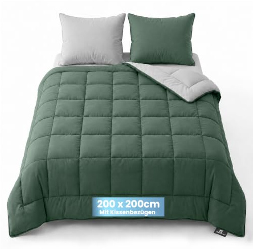 Slaapspeciaal Bettdecke ohne Bezug 200x200 - Ganzjahresdecke Wärmeklasse 2 | Steppdecke mit Gelfasern für Daunengefühl [Softcell Füllung] Extra Weich - Inklusive waschbarem Kissenbezug - Grün Grau