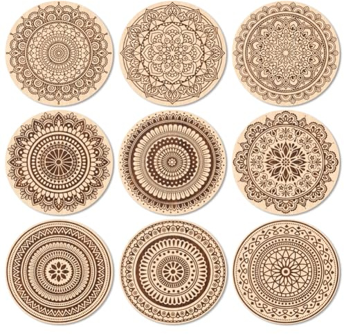 ANATTASOUL 9Pcs Mandala De Dibujo Lineal Posavasos Madera, Posavasos De Madera, Reutilizables, Redondos, Drink Coasters, Taza para Café, Bar, Cocina, Restaurante