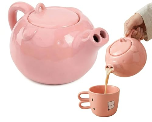 Pink Pig Teapot with Double Spouts – 1L Large Ceramic Tea Pot, milk coffee pot, kettle, teapot, Cute mug,Creative, funny coffee pots and mugs, Unique Gift (Teapots&1 Mug)