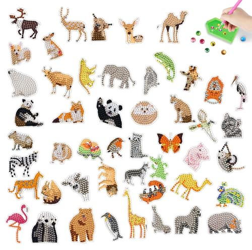Diamond Painting Autocollants, 49 Pièces 5D Autocollants de Peinture Diamant Animal Diamond Painting Autocollant pour Enfants et Adultes