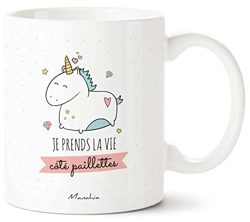 Manahia Mug Cadeau Licorne - Je prends la Vie côté Paillettes - 330 mL, Céramique - Tasse Copine - Noël, Anniversaire Amie - Fan de Licorne - Mug Paillettes - Good Vibes