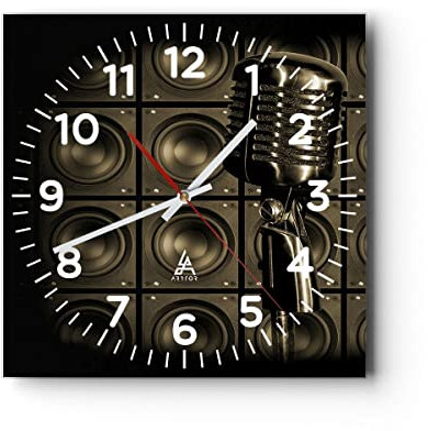 Modern Wanduhr Mikrofon Retro Singen 30x30cm Quadrat Klein Wand Uhr Glas Analog Zimmeruhren Küche Büro Wohnzimmer Glasuhr Wall Clock Dekoration Design Wanddekoration Küchenuhr C4AC30x30-0306