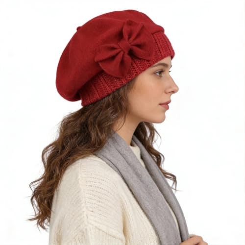 Klassische Baskenmütze aus Wolle für Damen, solide, französische Baskenmütze, Wintermütze, Hy022 Gr. M, claret