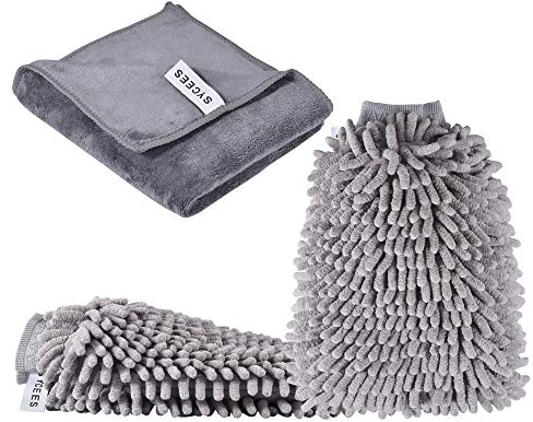 SYCEES 2PCS Gant de Lavage Microfibre de Chenilla à Voiture Absorbante avec 1PCS Chiffons de Nettoyage en Microfibre Chiffon de Séchage Douce pour Essuyer Voiture après Lavage, Nettoyer Les Traces