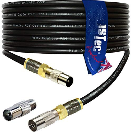 1STec 3m Shielded Digital TV Male to M/Female Gold Plated F-Connector Cable for FreeView HD Freesat BT YouView Satellite Dish or Rooftop Aerial to Wall Box Plug or Socket Lead (3 Metre, Black)