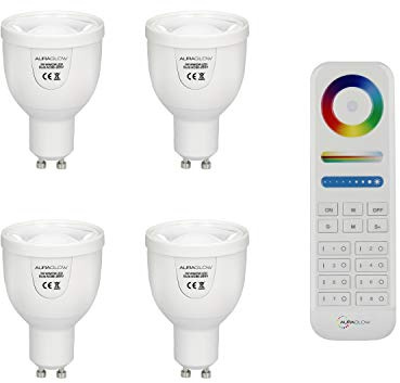 Auraglow 2.4GHz RF Remote Control CCT 5W Dual White LED GU10 Bulb Dimmable Adjustable Colour Temperature, Daylight, Cool, Neutral, Warm 2700K to 6500K, 50W EQV - 4 Pack with Remote