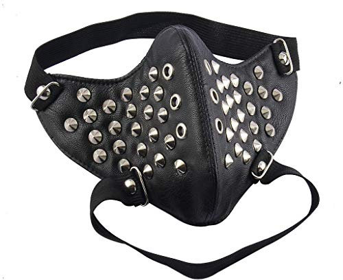 Tenlacum Steampunk-Maske aus Metalllegierung, mit Nieten, Halbgesicht, Biker-Maske, Motorrad-Maske, schwarz, PU-Leder