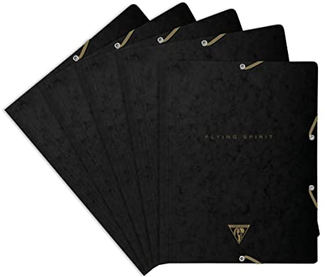 Clairefontaine 102514C - Packung mit 5 Sammelmappen Flying Spirit mit Gummizug und 3 Klappen, 24x32cm, Schwarz Motive sortiert, 1 Pack