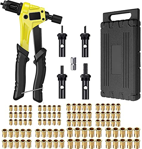 eSynic Nietmutternzange Set, Einnietmutternzange Set mit 100tlg Nietmuttern M3, M4, M5, M6 Dorne Gewindeniete 8 Zoll Blindnietmutternzange Nietmutternzange DIY für Dekoration, Autowartung (Gelb)