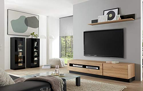 Wohnkombination Ruby VII schwarz/Grandson Oak hell Dekor 340(300) x190x38-48cm Wohnzimmermöbel Anbauwand TV-Wand TV-Element Wohnzimmerschrank Größe ohne Beleuchtung