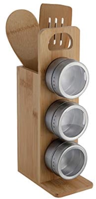 axentia Portaspezie in legno di bambù con 3 dosatori in acciaio inox, organizer per condimenti, porta spezie, ca. 13 x 27,5 x 8 cm, color legno/argento