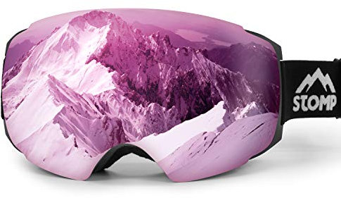 Stomp Ski Goggles PRO - Frameless, Interchangeable Lens 100% UV400 Protection Snow Goggles for Men & Women (Lens Saphire Pink VLT 61%)