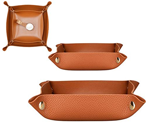 2 Pieces Valet Tray, PU Leather Tray, Men Women Jewelry Key Tray Catchall Tray, Bedside Tiny Tray, Storage Box for Wallets, Watches, Keys, Coins, Cell Phones, Small & Big Size - Brown