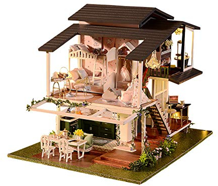 WDC Maison de poupée miniature en bois - Villa de jardin romantique - Modèle 3D - Assemblée - Maison de jouets avec housse de poussière pour amis