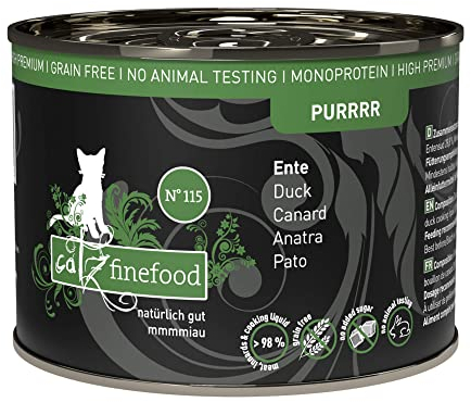 catz finefood Purrrr Ente Monoprotein Katzenfutter nass N° 115, für ernährungssensible Katzen, 70% Fleischanteil, 6 x 200g Dose