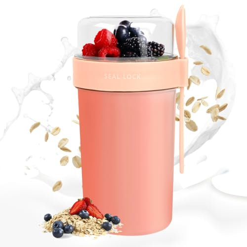 Aurasky Tasse yaourts avec Couvercle, Bol muesli a emporter, Pot Yaourt Compartiments Séparés, Tasses à Salade pour Les Enfants et Les employés de Bureau 230ml+760ml Rose