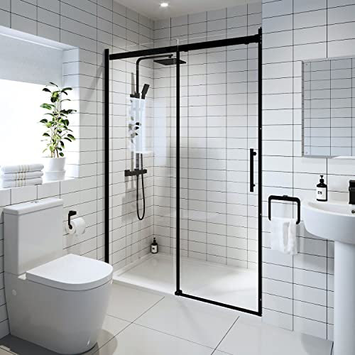 1200mm Sliding Shower Door Modern Bathroom 8mm Easy Clean Glass Shower Enclosure Cubicle Doors Tempered Safety Glass Screen Reversible Wetroom Black Frameless