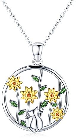 Katzen Kette 925 Sterling Silber Tier Anhänger Sonnenblume Katzen Halskette Katzen Schmuck Geschenke für Frauen Mädchen