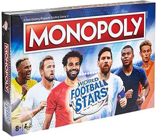 Winning Moves World Football Stars Monopoly-Brettspiel, Spiel mit Cristiano Ronaldo, Lionel Messi, Harry Kane und Salah, Geschenk ab 8 Jahren, Blau