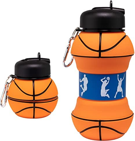 Louis Donné 550ml Basketball Water Bottle, 100% Percent Food-Grade Sports Bottle, Collapsible Silicone Kids Water Bottle with Keyring & Spout Cleaning Brush, for School Boys and Girls
