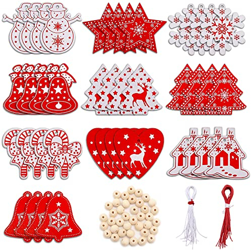 Pilikoll 40 Pcs Wooden Hanging Christmas Tree with Ropes and Beads White & Red Wooden Christmas Craft Hangings Pendant Ornaments for DIY Wood Crafts christmas Tree Ornaments