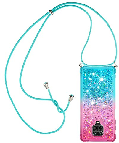 Paekear Handykette für Xiaomi Redmi Note 9S / Note 9 Pro Hülle, Smartphone Necklace Glitzer Transparent Silikonhülle mit Band - Handyhülle Cover Case mit Stylische Kette zum umhängen, Pink & Blau