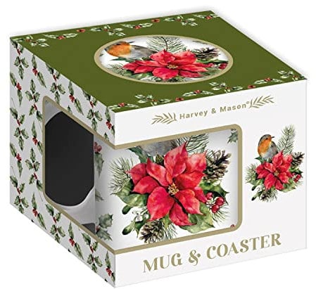 Harvey & Mason Festive Red Robin Christmas New Bone China Mug & Coaster Set Xmas Gift White