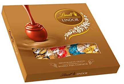 Lindt LINDOR sharing box, Surtido de bombones de distintos sabores, chocolate con leche cremoso, chocolate negro intenso, caramelo con sal y chocolate blanco, con nucleo cremoso, 400gr