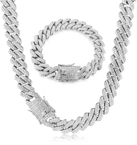Krfy Link Chain Iced Out für Herren 14MM Miami Link Choker Halskette Armband Set 18K Gold Plattiert Bling Bling Diamant Kette Armband Hip Hop Schmuck für Jungen Damen 41/51/56cm