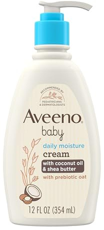 Aveeno Baby Daily Moisturizing Cream with Prebiotic Oat, Hypoallergenic Baby Lotion with Coconut Oil & Shea Butter Moisturizes Sensitive Skin for 24 Hours, Gentle Coconut Scent, 12 fl. oz