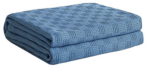 URFEDA Tagesdecke in Waffeloptik 180 x 200cm Waffelpique Sommerdecke Baumwolldecke als Bett-Überwurf, Couch-Überwurf & Sofa-Decke Sofadecke Wolldecke Wohndecke,Blau