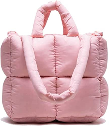 KRUPTI Femmes Puffer Tote Bag - Grand Puffer Tote Bag Portefeuille rembourré Souple Coton Plaid matelassé Sac à bandoulière Unique Sac à Main (Pink)