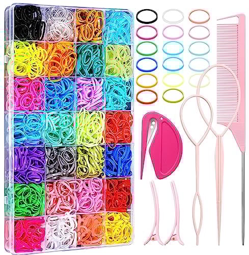 28 Colored Rubber Bands for Hair, 1500 PCS Girls Hair Ties Mini Elastic Hair Ties with 3 Hair Loop Styling Tools 2 Hair Clips and 1 Rubber Band Cutter for Hair Baby Toddlers Girls